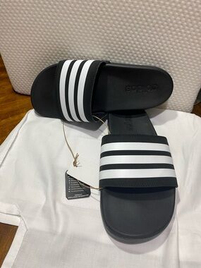 adidas Unisex Black Slides with White Three-Stripe Band